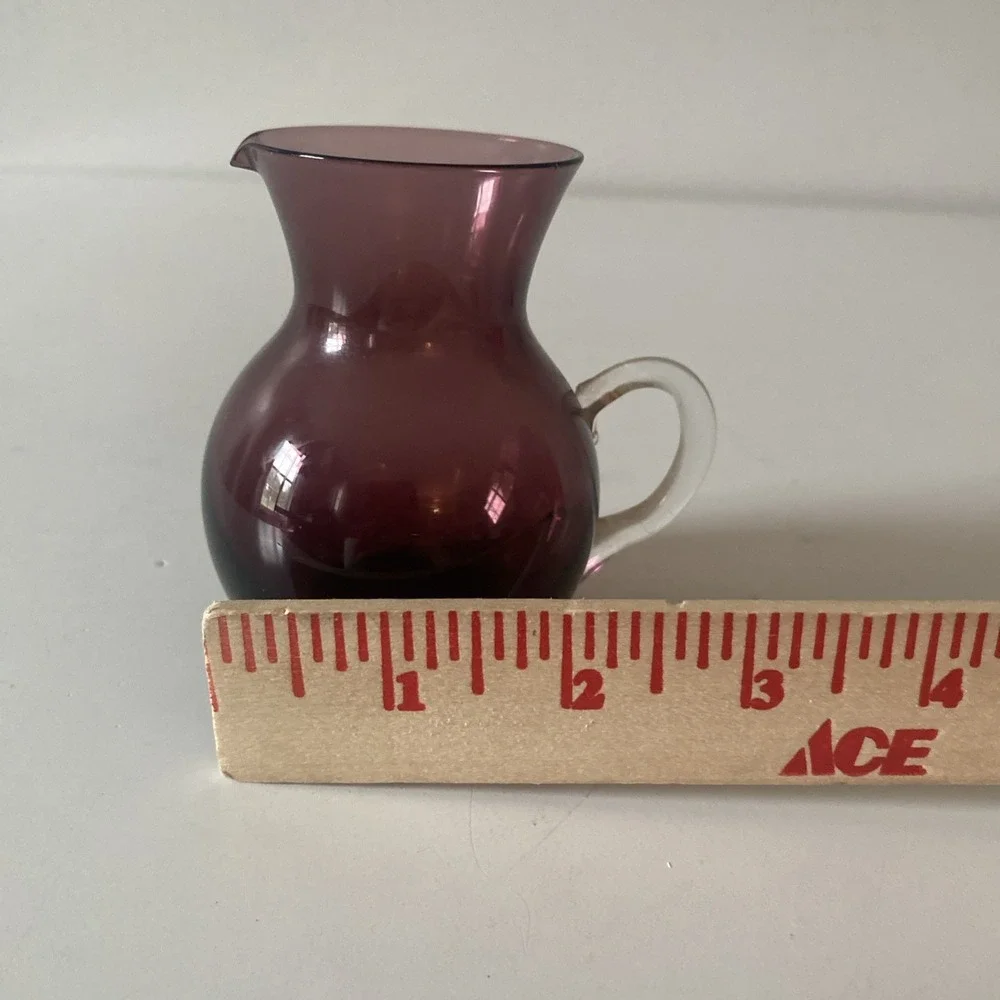 Vintage Purple Plum Enesco Hand Blown Art Glass Miniature Clear Handled Pitcher
